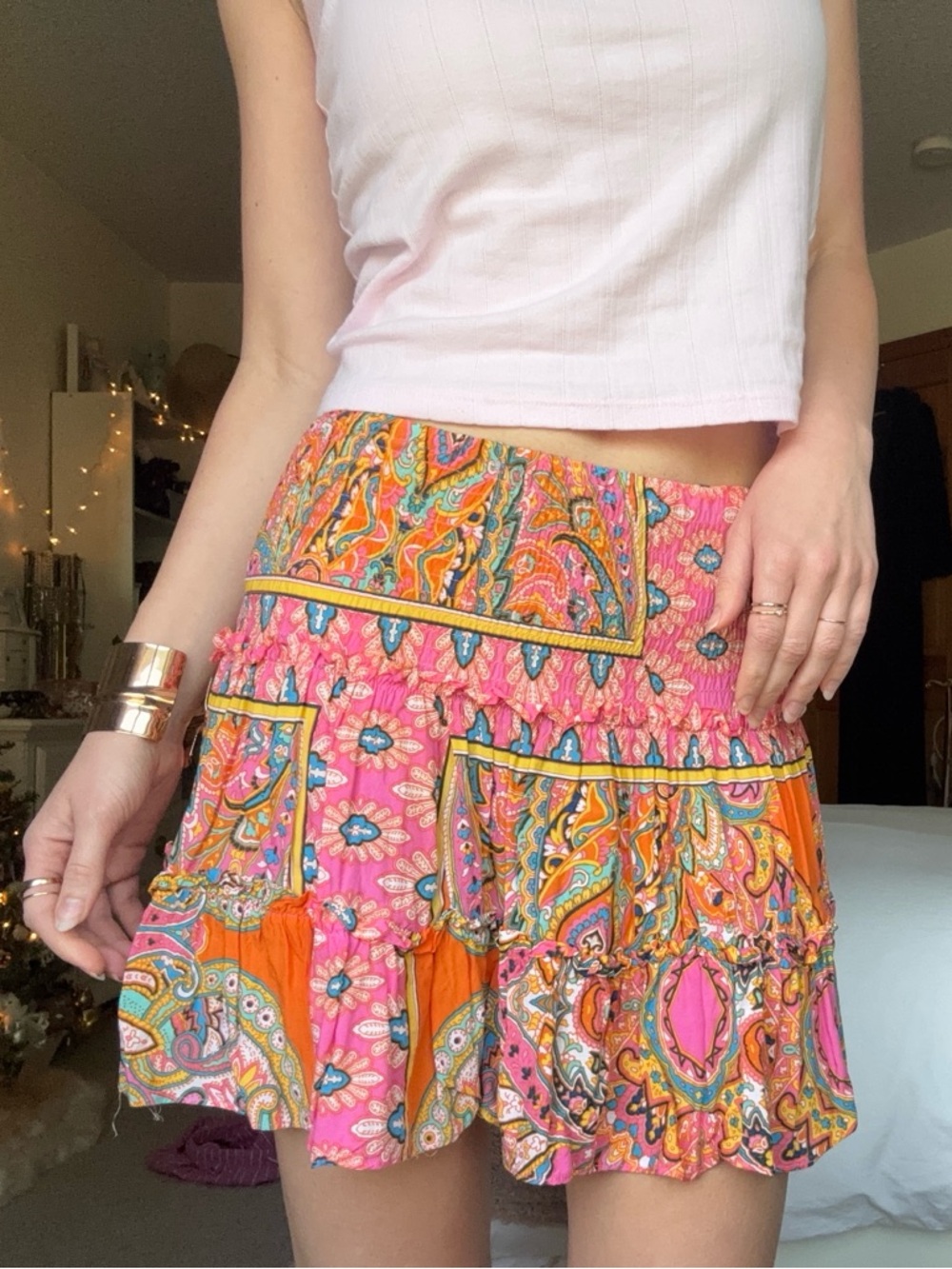 gab & kate multicolor pink orange blue paisley pattern flowy tiered mini skirt